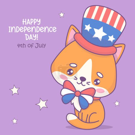 Gato patriótico con lazo y sombrero en colores de bandera americana. Mascota kawaii de dibujos animados navideños. Postal feliz Día de la Independencia. Ilustración vectorial