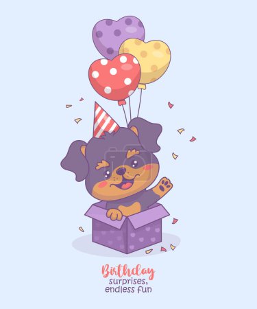 Birthday card. Happy puppy with in birthday cap with balloons in festive gift box. Cute holiday cartoon kawaii character animal dog Rottweiler. Vector illustration. Kids collection
