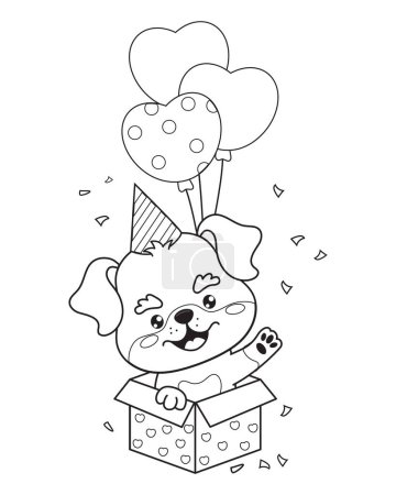 Chiot heureux avec casquette d'anniversaire avec ballons dans un coffret cadeau. Décrivez les vacances dessin animé personnage kawaii chien animal Rottweiler. Dessin au trait, livre à colorier. Illustration vectorielle. Collection enfants.