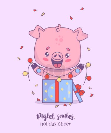 Cute happy pig in gift box with festive garland. Vector illustration. Holiday card with funny cartoon kawaii animal character with cool slogan. Kids collection