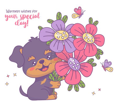 Happy dog with large bouquet of flowers with butterflies. Holiday cartoon kawaii character animal puppy. Vector illustration. Kids collection