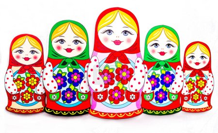 Photo for Amazing composition of traditional russian matryoshka dolls, with smiling face, pink cheeks, sketch flowers and leaves contours on white background - Royalty Free Image