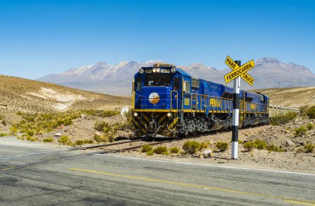 Photo for Stunning blue train crossing a road in the beautiful andean landscape of Salinas Y Aguada Blanca National Reserve, Arequipa region, Peru - Royalty Free Image