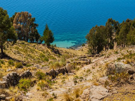 Wild coast and emerald waters  of island Taquile, Lake Titicaca, Puno region, Peru