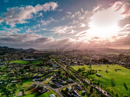 Photo for Waihi township from the outskirts, early morning. Shot using a drone from around 100m altitude - Royalty Free Image