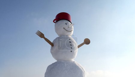 Téléchargez les photos : Un chef cuisinier. Bonhomme de neige sur le fond extérieur de neige. Bannière de Noël avec bonhomme de neige. Carte de voeux Nouvel An avec bonhomme de neige - en image libre de droit