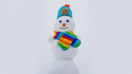 Foto de Feliz muñeco de nieve sonriente en el soleado día de invierno. Ropa de invierno, sombrero de punto y bufanda - Imagen libre de derechos