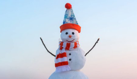 Photo for Funny snowman on the snow outdoor background. Christmas winter banner with snowman. New year greeting card with with snowman - Royalty Free Image