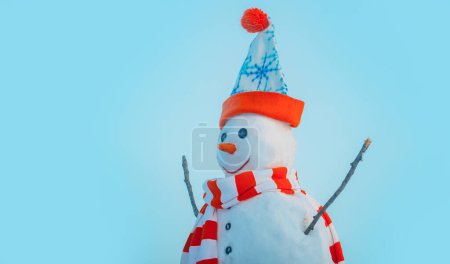 Photo for Snowman on the snow outdoor background. Christmas winter banner with snowman. New year greeting card with with snowman - Royalty Free Image