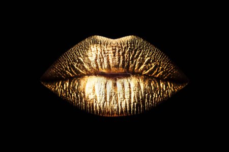 Photo for Golden lips isolated on black background. Luxury glamour art mouth. Clipping path gild lips - Royalty Free Image