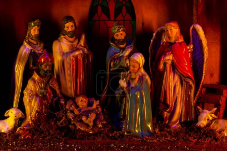 Photo for Nativity of Jesus. Religious Christmas scene of baby Jesus in the manger with Joseph, Mary and shepherd. Bible Magi found Jesus. Christian bible character - Royalty Free Image
