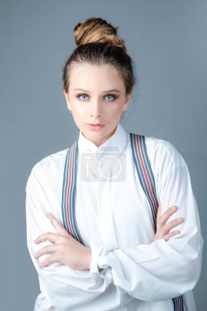 Photo for Old vintage fashion. Office suit. Girl with suspender on. Old fashioned woman in retro suit - Royalty Free Image