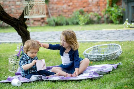 Photo for Children on pirnic. Lifestyle portrait baby child in happines at the outside in the meadow. Brother and sister play together in a green meadow - Royalty Free Image