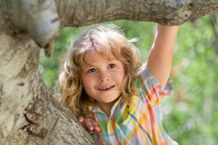 Téléchargez les photos : Kid boy playing and climbing a tree and hanging branch - en image libre de droit