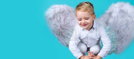 Photo for Valentines day banner with angel child. Angel children girl with white wings, isolated - Royalty Free Image