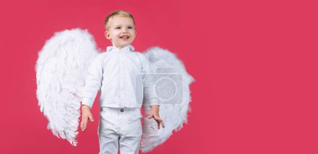 Photo for Valentines day banner with angel child. Little boy child dressed like an angel - Royalty Free Image