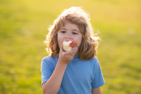 Photo for Child with apple outdoor. Boy eating fruits apples. Kid picking apples. Children healthy food nutrition. Kid biting fresh apple in summer park - Royalty Free Image