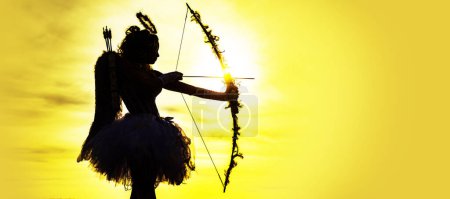 Photo for Banner. Angel teenager girl with white wings. Teen angel girl archer on sunset. Silhouette of a cupid. Cute teen cupid on the cloud - sky background - Royalty Free Image