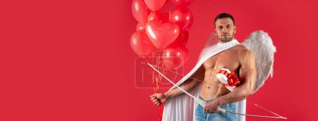 Photo for Valentines Day banner with sexy naked angel gay. Valentines Day male. Sexy angel man with angels wings. Arrow of love, cupid, amour. February 14. Isolated on red - Royalty Free Image