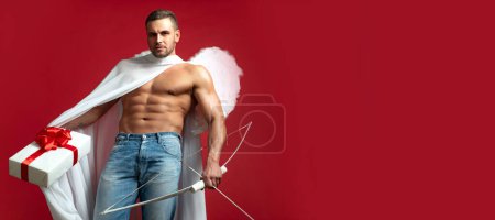 Foto de Valentines Day banner with sexy angel man. Valentines Day. Handsome man angel. Sexy guy cupid with angels wings - Imagen libre de derechos