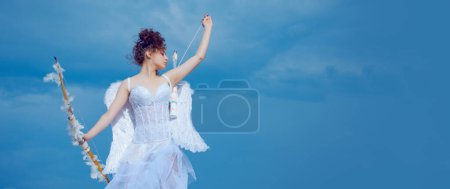 Photo for Banner with angel teenager. Cupid girl, cute teen on valentine day with bow arrow shooting. Valentin teenager angel with wings. Arrows of love - Royalty Free Image