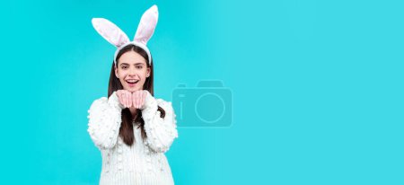 Photo for Happy Easter. Funny girl with bunny ears on Easter card, isolated. Panoramic web banner frame - Royalty Free Image