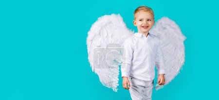 Photo for Valentines day banner with angel child. Small cute baby boy with blonde long with white angel wings - Royalty Free Image