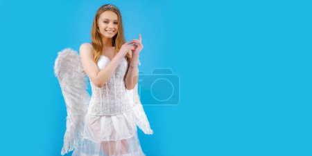 Photo for Banner with sexy angel woman. Happy Valentines day - copy space. Real fairy from magical stories. Cupid cute angel - Concept of Valentines Day. Portrait of a cupid girl. Teenager Cupid - Royalty Free Image