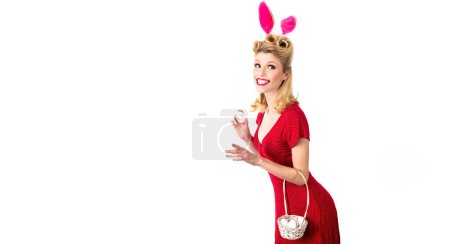 Téléchargez les photos : Easter banner, mockup copy space, poster flyer header for website template. Sexy model dressed in costume Easter bunny. Isolated white background - en image libre de droit