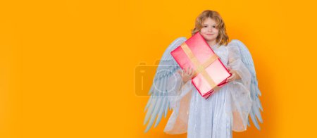 Photo for Angel child. Isolated studio shot. Cute kid with angel wings. Wide banner panoramic header. Cupid, valentines day concept - Royalty Free Image