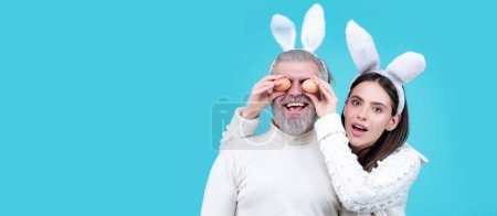 Photo for Easter couple. Smiling happy spring couple looking camera. Wide photo banner for website header design - Royalty Free Image