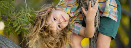 Photo for Spring banner. Child boy climbing high tree in the summer park. Portrait of cute kid boy sitting on the tree, climbing a tree. Active boy playing in the garden. Kids lifestyle concept - Royalty Free Image