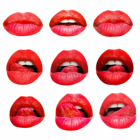 Foto de Set of female lips on white isolated background, clipping path. Collection of mouth with red lip - Imagen libre de derechos