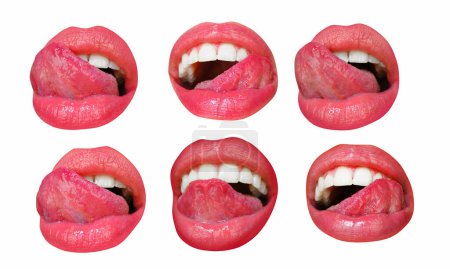 Foto de Sexy tongue and lips. Set of female lips on white isolated background, clipping path. Collection of mouth with red lip - Imagen libre de derechos