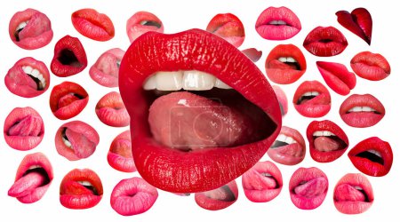 Photo for Sexy lips. Lips and mouth. Sexy tongue licking sensual lips. Red lip background. Female lips - Royalty Free Image