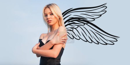 Photo for Angel woman with wings. Valentines day banner for website header design. Beautiful girl face closeup, outside portrait of young woman. Sexy sensual blonde woman, beautiful girl - Royalty Free Image