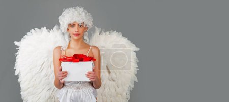 Photo for Valentine sensual angel girl banner. Angel with gift. Valentines cupid. Valentines Day: Gift, Romantic and Date. Romantic Gifts and Valentines Gift Ideas - Royalty Free Image
