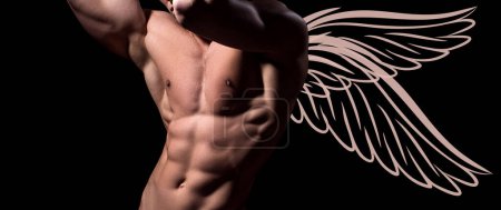 Foto de Photo banner of sexy man angel with wings for valentines day. Hot boy. Guy with sexy body. Handsome muscular man with six pack abs - Imagen libre de derechos