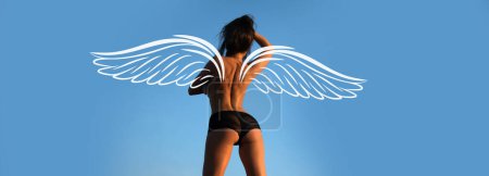 Photo for Valentines day photo banner of sexy woman with wings, slim body booty buttocks. Sexy and beautiful woman in underwear outdoor. Woman posing in sexy underwear on beautiful ass buttocks - Royalty Free Image