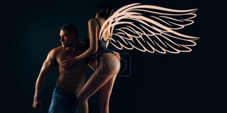 Téléchargez les photos : Angels couple, valentines day photo banner. Sexy couple. I Love You. Romantic and loving models. Intimate relationship and sexual relations. Dominant man. Passion and sensual touch - en image libre de droit