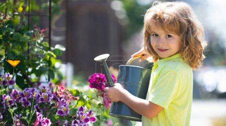 Foto de Kid with watering can, spring banner. American kids childhood. Child watering flowers in garden. Home gardening. - Imagen libre de derechos