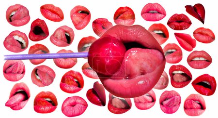 Foto de Lips and mouth. Lollypop in female mouth, lolly pop, lips and lollipop. Red lip background. Female lips - Imagen libre de derechos