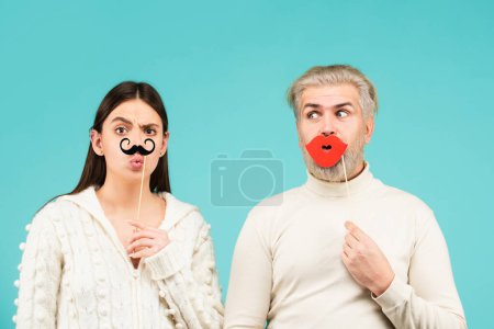 Photo for Gender concept. Female and male sex icon. Funny couple of woman with moustache and man with red lips. Diversity and human rights - Royalty Free Image