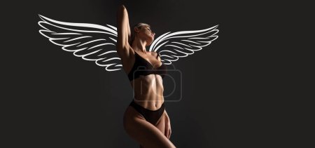 Foto de Sensual woman angel with wings. Valentines day panoramic photo banner. Lingerie sexy model. Girl in black panties and bra - Imagen libre de derechos