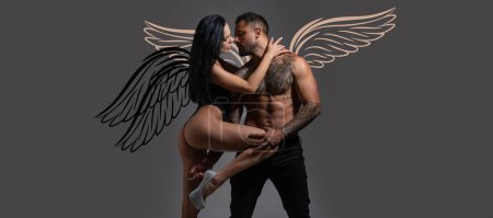 Foto de Angels couple, valentines day photo banner. Sensual portrait of young sexy lovers couple. Sexy husband and wife. Tenderness and affection - Imagen libre de derechos