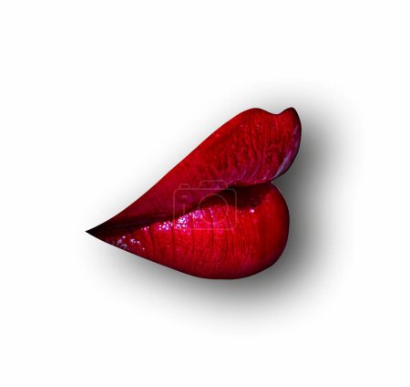 Foto de Female lips on white isolated background, clipping path. Woman mouth with red lip, close up - Imagen libre de derechos