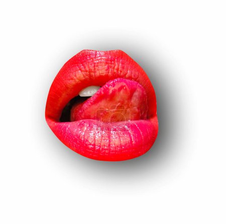 Foto de Female lips on white isolated background, clipping path. Sexy tongue licking sensual lips. Woman mouth with red lip, close up - Imagen libre de derechos
