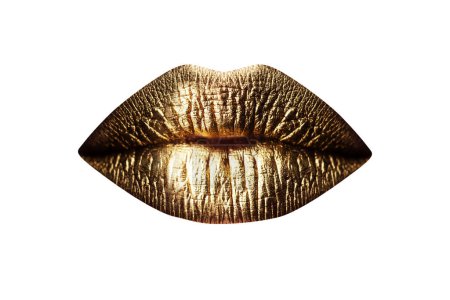 Téléchargez les photos : Glamour art lèvres concept. Lèvres dorées isolées sur fond blanc. Des lèvres d'or. Couper les lèvres dorées. Bouche d'or Icône - en image libre de droit