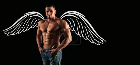 Téléchargez les photos : Photo banner of sexy man with wings for valentines day. Nude man torso. Denim fashion. Naked muscular guy in jeans.Naked muscular man angel - en image libre de droit