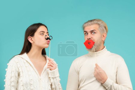 Photo for Gender concept. Diversity and human rights. Couple of woman with moustache and man with red lips. Gender equality - Royalty Free Image
